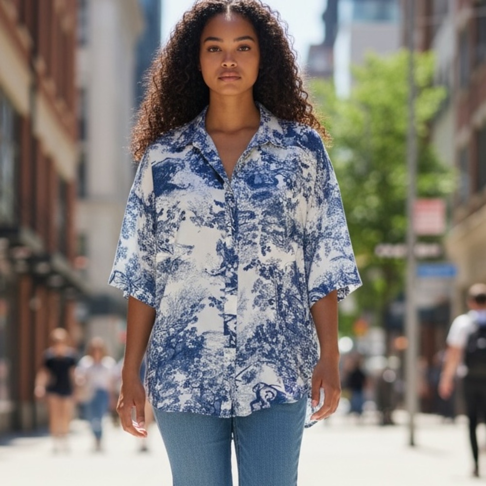 Umgee Blue and White Short-Sleeve Button-Up Blouse
